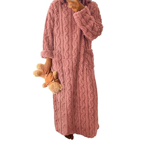 Anttyscar Fleece Schlafanzug Damen Winter Schlafbekleidung Flauschig Lang Nachthemd Warm Hausanzug Jacquard-Pyjamas Nachtwäsche mit Taschen,Länge 130CM von Anttyscar