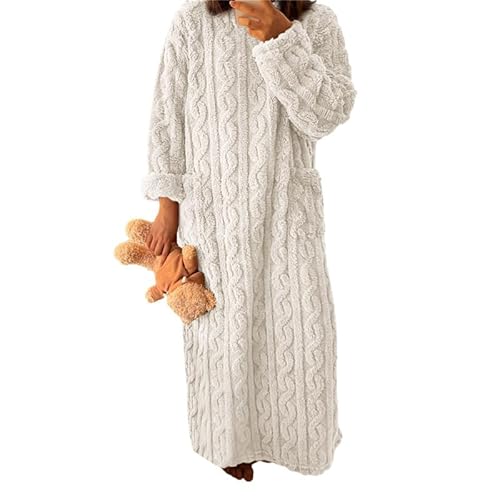 Anttyscar Fleece Schlafanzug Damen Winter Schlafbekleidung Flauschig Lang Nachthemd Warm Hausanzug Jacquard-Pyjamas Nachtwäsche mit Taschen,Länge 130CM von Anttyscar
