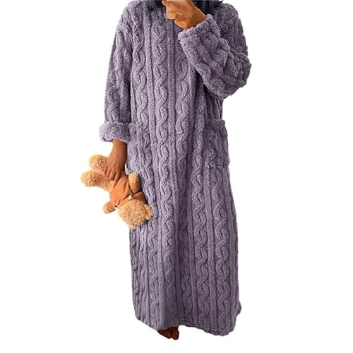 Anttyscar Fleece Schlafanzug Damen Winter Schlafbekleidung Flauschig Lang Nachthemd Warm Hausanzug Jacquard-Pyjamas Nachtwäsche mit Taschen,Länge 140CM von Anttyscar