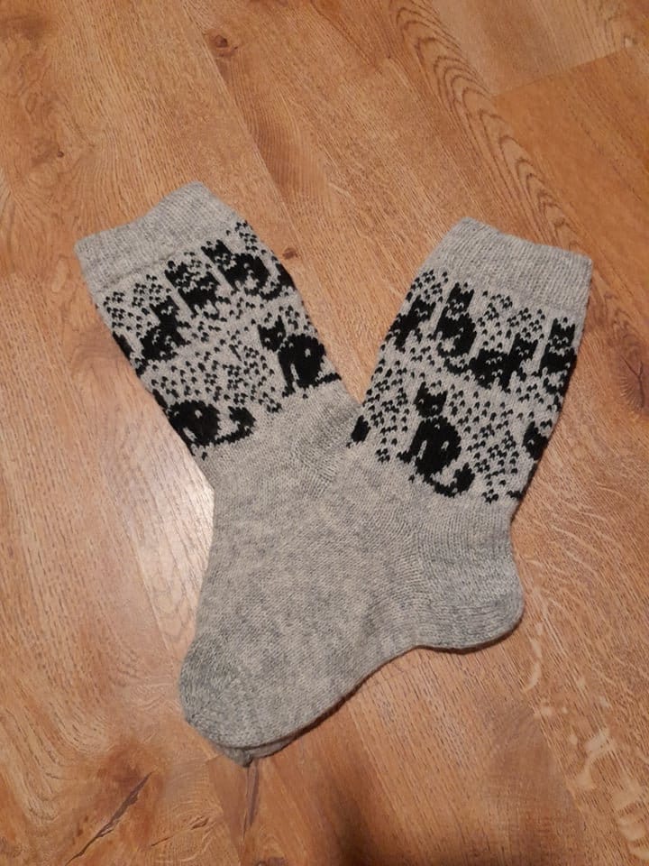 Gestrickte Socken Aus Reine Wolle, Schöne Katzen Strickmuster Für Fairisle, Wollsocken Tierliebhaber von AnuCraft