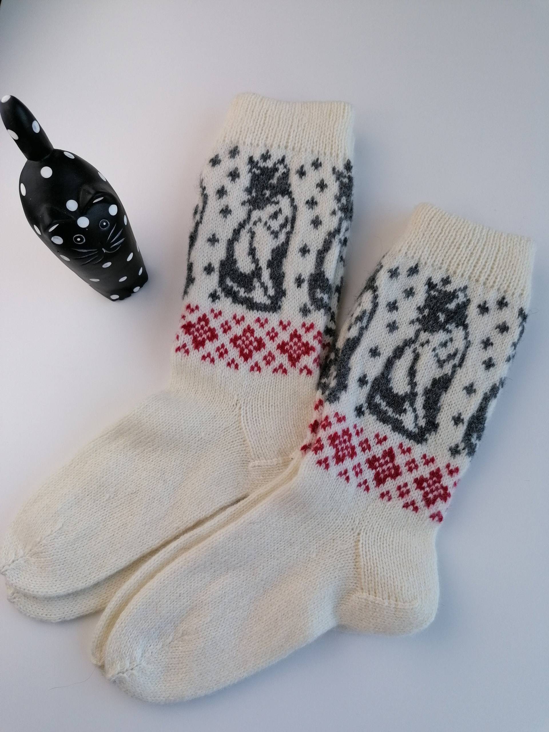 Katze Gestrickte Socken, Aus Reine Wolle, Stricken Estland, Wollsocken, Natural Weiß von AnuCraft