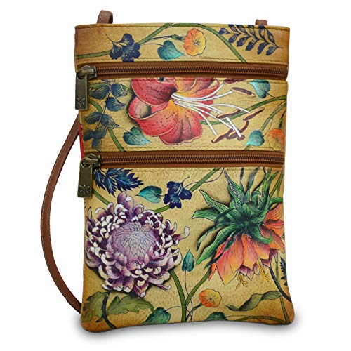 Anuschka Handbemalte Travel Crossbody Tasche aus echtem Leder mit doppeltem Reißverschluss - Caribbean Garden von Anuschka