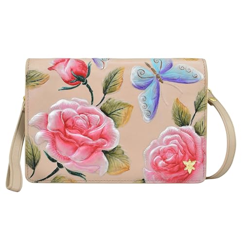 Anuschka 4-in-1 Damen Crossbody Leder Organizer-Umhängetasche, handbemalt - Tooled Rose Almond von Anuschka