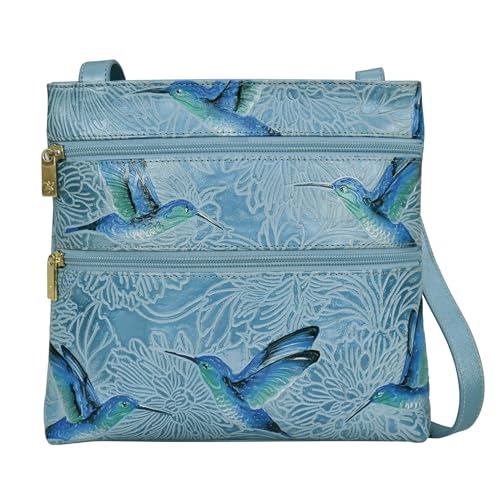 Anuschka Crossbody Damen-Umhängetasche aus handbemaltem Leder, Größe M, mit doppeltem Reißverschluss - Tooled Birds Sky von Anuschka