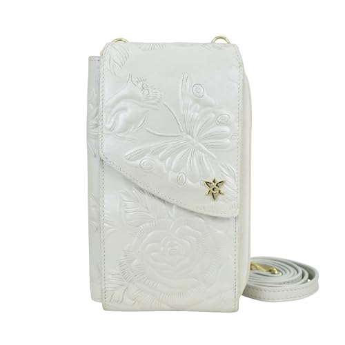 Anuschka Crossbody Handytasche mit RFID Schutz aus pflanzlich gegerbtem Leder, handbemalt - Tooled Rose Pearl White von Anuschka