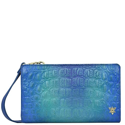 Anuschka Crossbody Organizer-Portemonnaie, handbemalt, aus echtem Leder - Croco Embossed Peacock von Anuschka