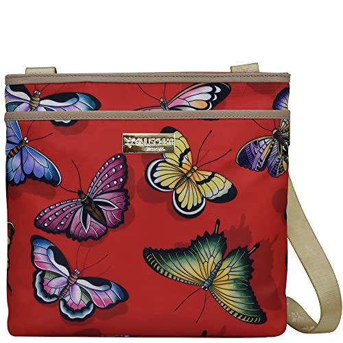 Anuschka Crossbody Tasche mit Einsteckfach - Wanderlust Kollektion - Nylonstoff mit Leder Trim und Kunstdruck - Butterfly Heaven Ruby von Anuschka