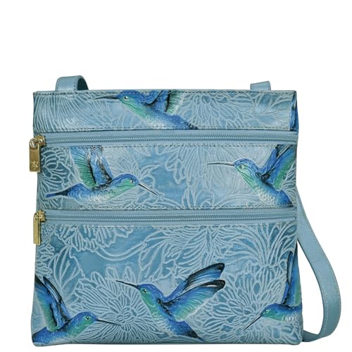 Anuschka Crossbody Umhängetasche aus Leder, handbemalt, Größe M, mit doppeltem Reißverschluss - Tooled Birds Sky von Anuschka