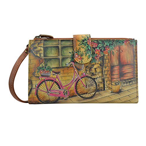 Anuschka Damen Brieftasche Handbemaltes Leder | Handy-und Kreditkartenfach | Clutch oder Crossbody-Stil | Abnehmbarer Riemen, Vintage Bike, Einheitsgröße von Anuschka
