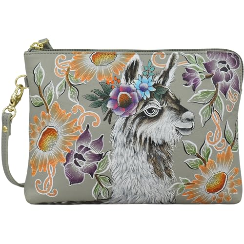 Anuschka Damen Hand-Painted Leather Wristlet Wallet Llama Handbemalte Geldbörse aus echtem Leder – Garten, Garden Lama von Anuschka