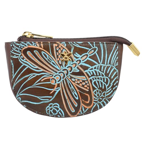 Anuschka Damen Original handbemalte Echtledertasche mit Reißverschluss, Tooled Libellen-Wiese, braun mit Türkis, Einheitsgröße von Anuschka