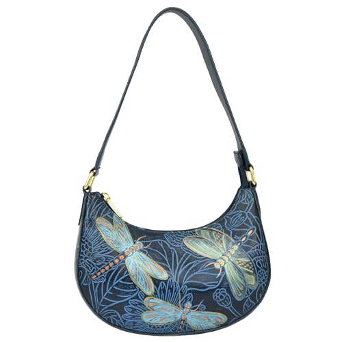 Anuschka Damen Women’s Leather Hand-Painted Small Shoulder Bag Original Echt Leder Handbemalt Kleine Umhängetasche Dragonfly, Tooled Libelle Meadow Blue von Anuschka