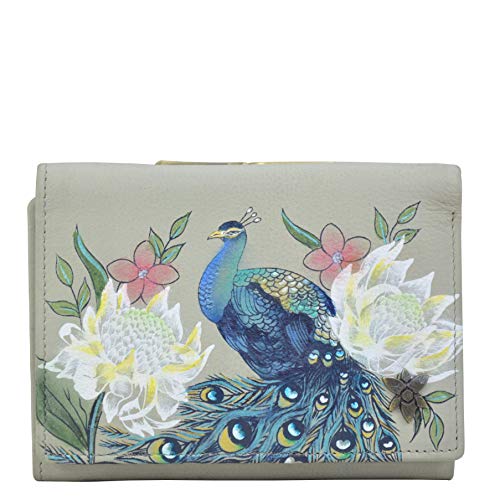 Anuschka Französische Damen Echtleder Brieftasche - handbemaltes Material - Regal Pfau von Anuschka