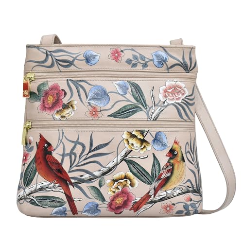 Anuschka Handbemalte Crossbody Handtasche aus echtem Leder mit zwei Reißverschlusstaschen, mittlere Größe - Cardinal Family von Anuschka