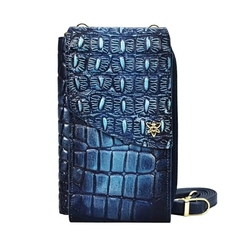 Anuschka Handbemalte Crossbody Handytasche zum Umhängen aus Echtleder - Croc Embossed Sapphire von Anuschka