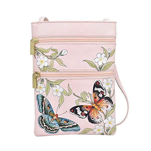 Anuschka Handbemalte Travel Crossbody Tasche aus echtem Leder mit doppeltem Reißverschluss - Butterfly Melody von Anuschka