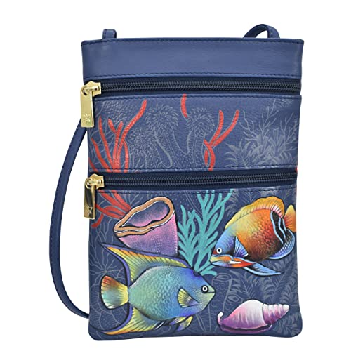 Anuschka Handbemalte Travel Crossbody Tasche aus echtem Leder mit doppeltem Reißverschluss - Mystical Reef von Anuschka