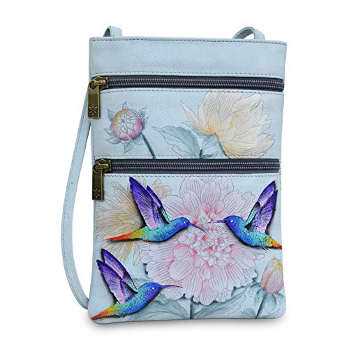 Anuschka Handbemalte Travel Crossbody Tasche aus echtem Leder mit doppeltem Reißverschluss - Rainbow Birds von Anuschka