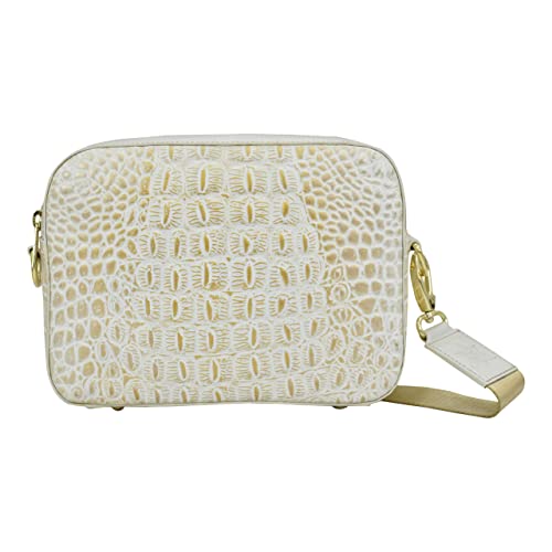 Anuschka Handbemalter Twintop Messenger Bag aus Echtleder - Croco Embossed Cream Gold von Anuschka
