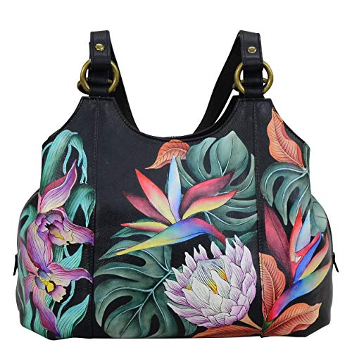 Anuschka klassische handbemalte Hobo-Tasche mit Raffung aus echtem Leder für Damen - Island Escape Black von Anuschka