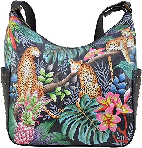 Anuschka Klassische Handbemalte Hobo Tasche aus echtem Leder mit beschlagenen Seitenfächern - Jungle Queen von Anuschka