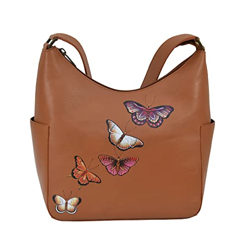 Anuschka Klassische Handbemalte Hobo Tasche aus echtem pflanzlich gegerbtem Leder mit Seitentaschen - Butterflies Honey von Anuschka