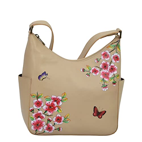 Anuschka Klassische Handbemalte Hobo Tasche aus echtem pflanzlich gegerbtem Leder mit Seitentaschen - Flower Garden Almond von Anuschka