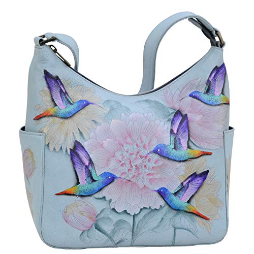 Anuschka Klassische Handbemalte Hobo Tasche aus echtem pflanzlich gegerbtem Leder mit Seitentaschen - Rainbow Birds von Anuschka
