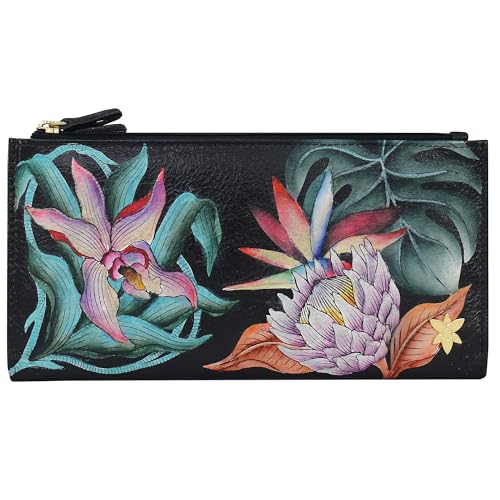 Anuschka Original Handbemalte Echtleder Brieftasche mit Zwei Falten und RFID - Blockierung für Frauen - Island Escape Black von Anuschka