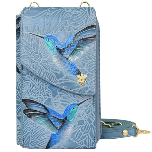 Anuschka Original Handbemalte Umhängetasche für Handys aus Leder mit RFID - Schutz für Frauen - Tooled Birds Sky von Anuschka