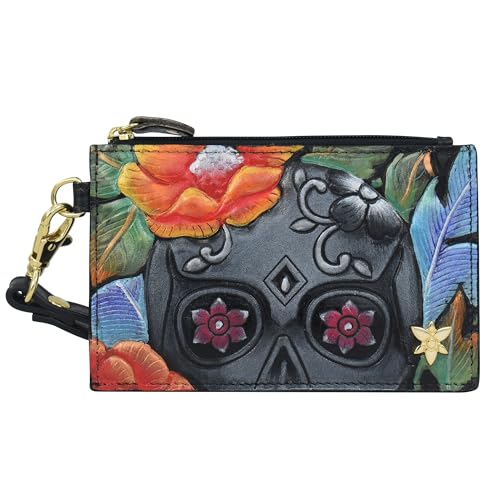 Anuschka Original handbemaltes Echtleder Kartenetui mit Armband für Frauen - Tooled Midnight Calavera von Anuschka