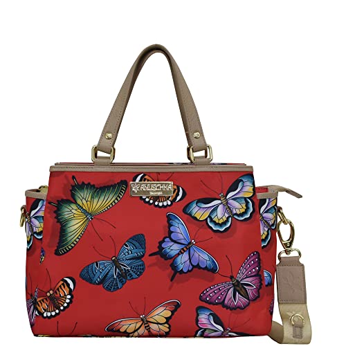 Anuschka Satchel mit Fächern - Wanderlust Kollektion - Nylonstoff mit Leader Trim und Kunstdruck - Butterfly Heaven Ruby von Anuschka