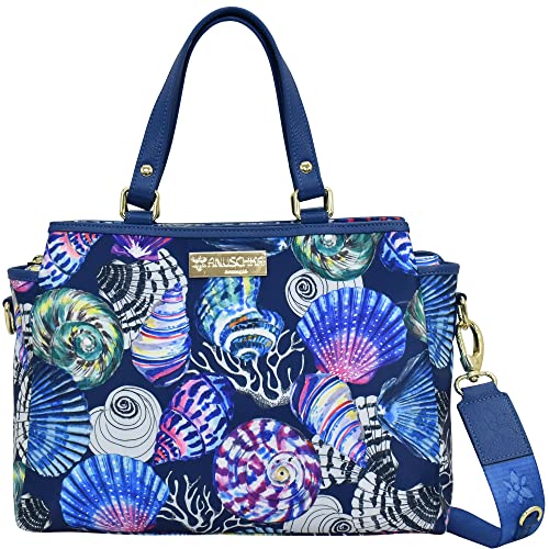 Anuschka Satchel mit Fächern - Wanderlust Kollektion - Nylonstoff mit Leader Trim und Kunstdruck - Sea Treasures von Anuschka