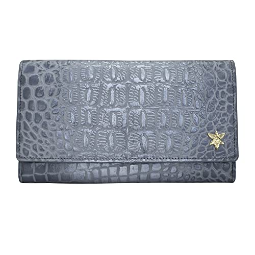 Anuschka Trifold Brieftasche aus Leder mit RFID-Schutz, handbemalt - Croco Embossed Silver/Grey von Anuschka