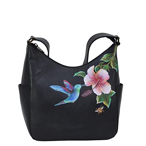 Anuschka Klassische Handbemalte Hobo Tasche aus echtem pflanzlich gegerbtem Leder mit Seitentaschen - Hummingbird Schwarz von Anuschka