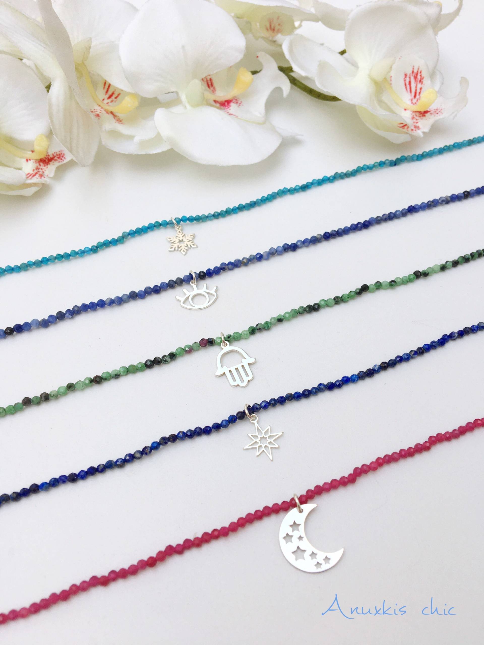 Mond, Nordstern, Hand Der Fatima, Edelstein-Schneeflockenkette Mond, Nordstern, Hand Der Fatima, Edelstein-Schneeflockenkette von Anuxkischic