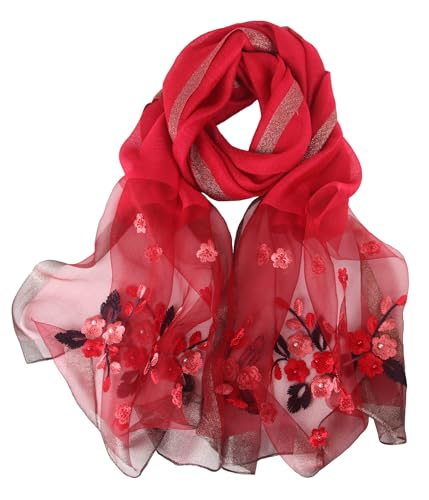 Anvevkn Damen Seiden Schal Bestickt Leichter Schal Tuch für Hochzeiten, Elegantes Braut & Abendmode-Tuch (C-Dunkelrot) von Anvevkn