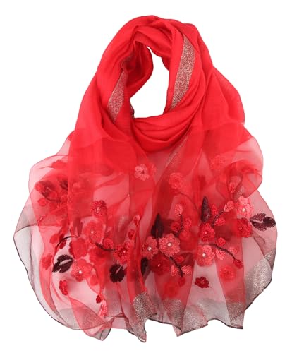 Anvevkn Damen Seiden Schal Bestickt Leichter Schal Tuch für Hochzeiten, Elegantes Braut & Abendmode-Tuch (C-Rot) von Anvevkn