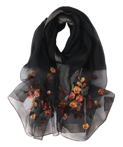 Anvevkn Damen Seiden Schal Bestickt Leichter Schal Tuch für Hochzeiten, Elegantes Braut & Abendmode-Tuch (C-schwarz) von Anvevkn