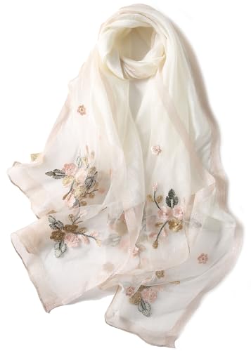 Anvevkn Damen Seiden Schal Bestickt Leichter Schal Tuch für Hochzeiten, Elegantes Braut & Abendmode-Tuch (C-weiß) von Anvevkn
