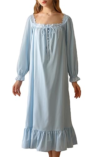 Anvevkn Elegant Baumwolle Damen Nachthemd Kurzarm Vintage Schlafhemd Nachtwäsche Sleepshirt (Blau-a, XL) von Anvevkn