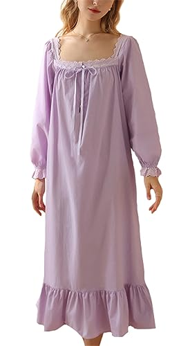 Anvevkn Elegant Baumwolle Damen Nachthemd Kurzarm Vintage Schlafhemd Nachtwäsche Sleepshirt (Lila-a, S) von Anvevkn