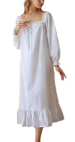 Anvevkn Elegant Baumwolle Damen Nachthemd Kurzarm Vintage Schlafhemd Nachtwäsche Sleepshirt (Weiß-a, M) von Anvevkn