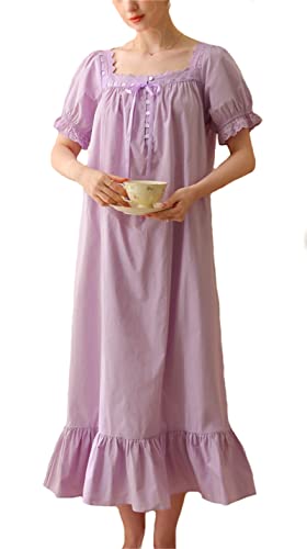 Anvevkn Elegant Baumwolle Damen Nachthemd Kurzarm Vintage Schlafhemd Nachtwäsche Sleepshirt von Anvevkn