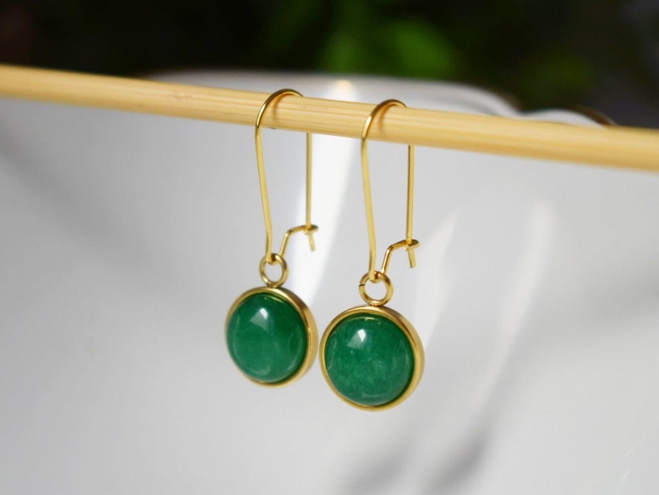 Creolen Gold Grüner Jade, Edelstein, Grüne Jade Ohrringe, Hängeohrringe, Ohrhänger Grün, Schmuck, Geburtsstein, Geschenkideen Frauen von Anvira10