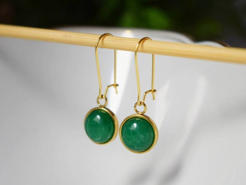 Creolen Gold Grüner Jade, Edelstein, Grüne Jade Ohrringe, Hängeohrringe, Ohrhänger Grün, Schmuck, Geburtsstein, Geschenkideen Frauen von Anvira10