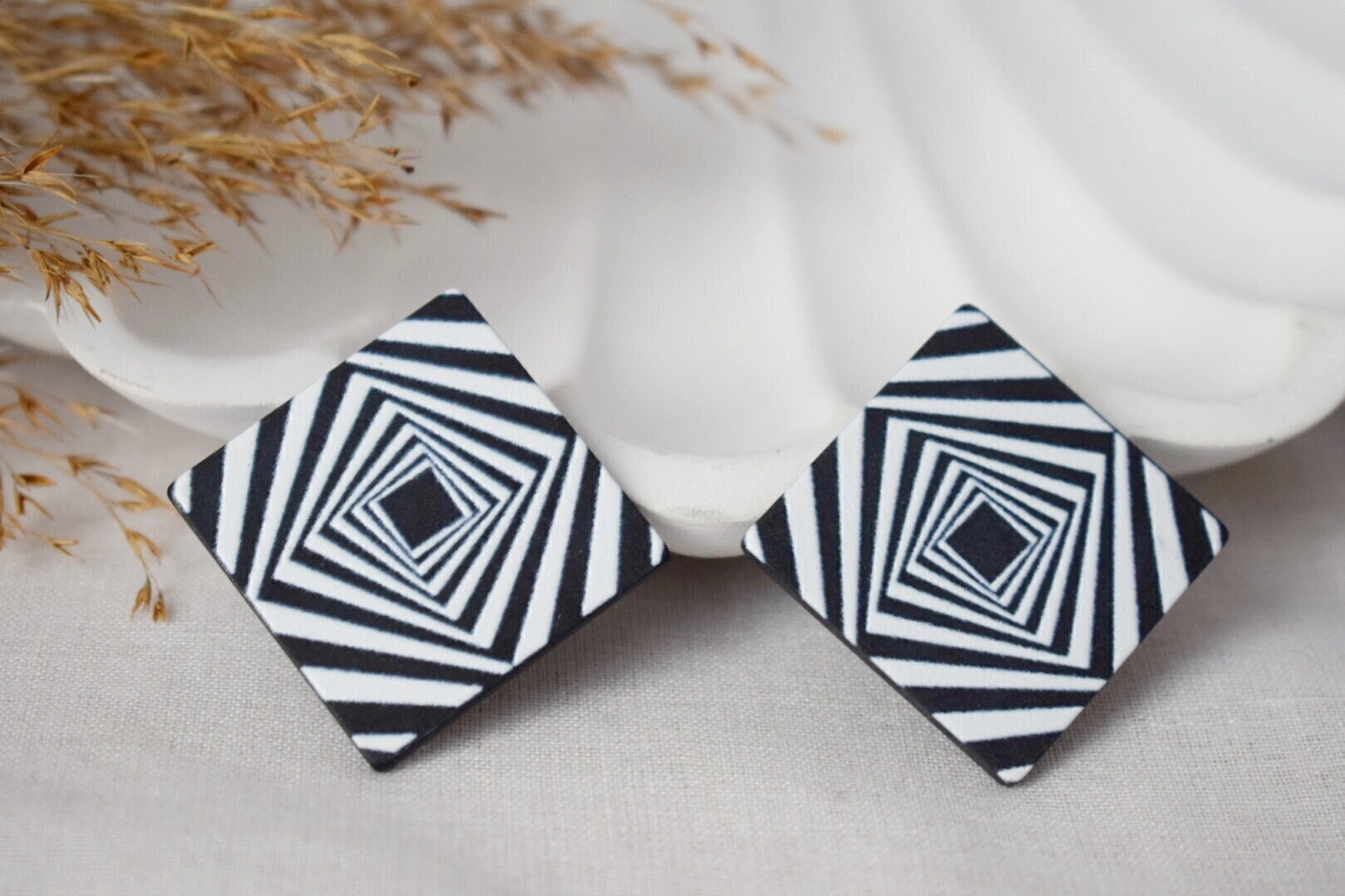 Ohrringe Raute Silber Schwarz Weiß, Sommer Ohrringe, Große Quadrat Mit Sterling Stecker, Schmuck Geschenk von Anvira10