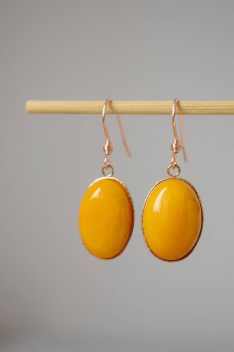 Rosegoldene Gelbe Jade Ohrringe, Oval, Ohrringe Gelber Stein, Hängeohrringe Edelstein Anhänger Gold, Schmuck Geschenk Frauen von Anvira10