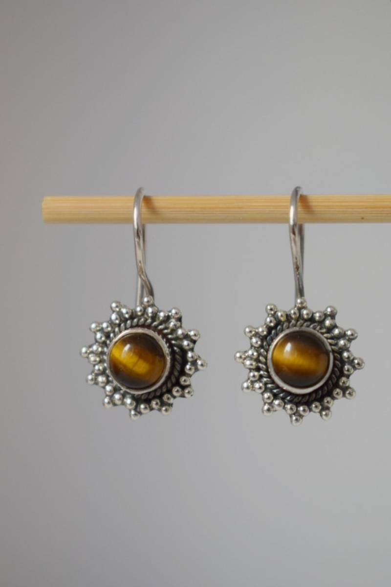 Tigerauge Ohrringe, 925 Sterling Silber Blumige Edelstein Ohrhänger, Braun Gold Naturstein, Ornament Schmuck, Unikat Weihnachtsgeschenk von Anvira10