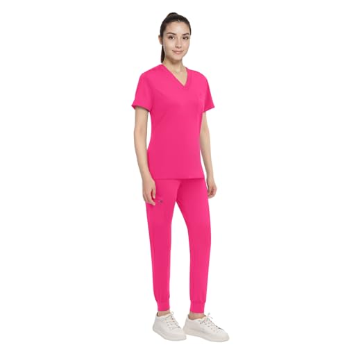 Anwrtuk Damen Scrub Set, V-Ausschnitt Stretch Medical Work Uniforms Top & Hose mit Taschen Krankenpflege Berufsbekleidung in Multicolors (Azalee Rosa, S) von Anwrtuk